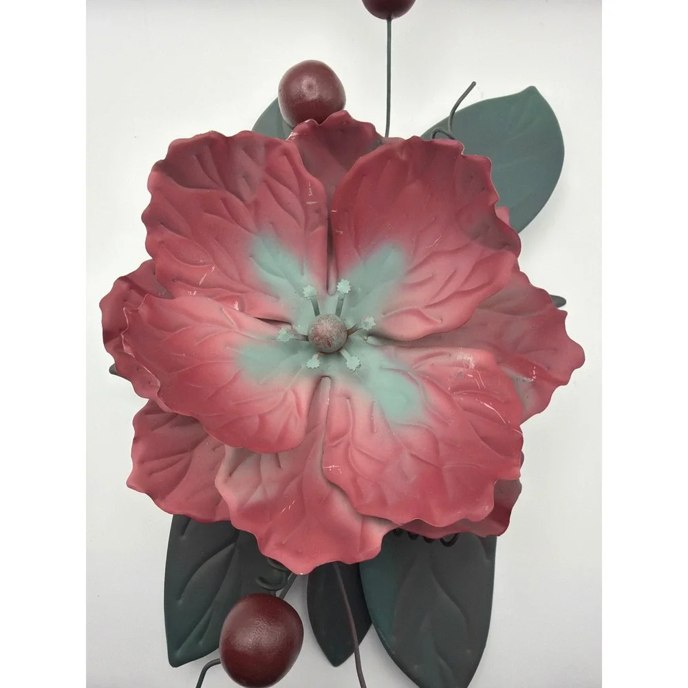 Vintage Metal Flower Wall Sconce Pair Dusty Rose Sage Green Floral Decor Set 2